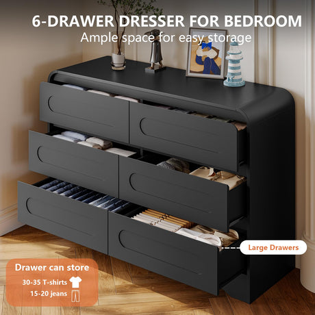 6 Drawer Dresser with Extendable Table, L-Shaped Desk Vanity Combo, 47" Wood Dresser & Chest of Drawers, Modern Closet Clothes Storage Dressers Organizer for Bedroom Living Room Hallway, Black SOLACE FURNITURE