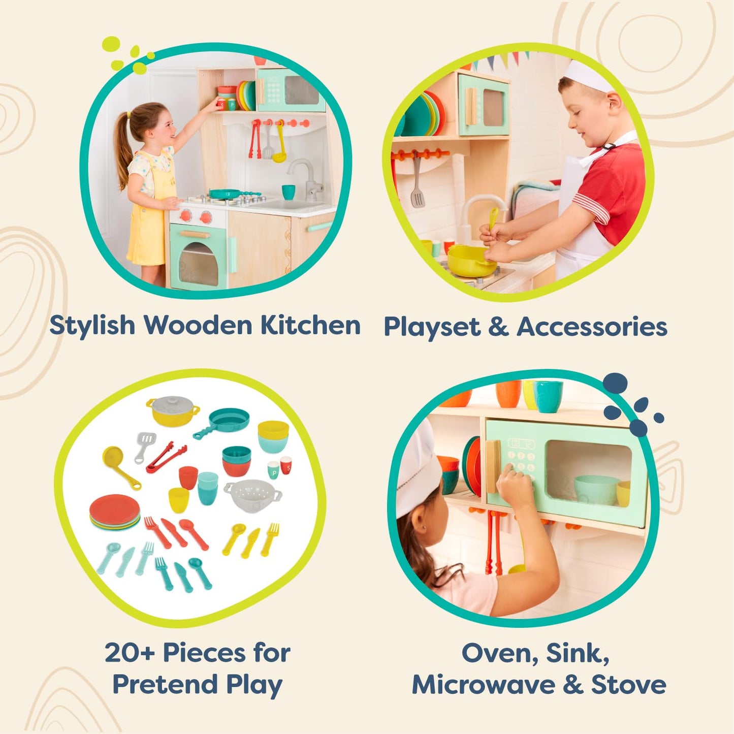 B. toys- Mini Chef Kitchenette- Pretend Play Wooden Play Kitchen – Kitchen for Kids – Kitchen Play Set & Accessories – (20+ Pcs)- 3 Years +