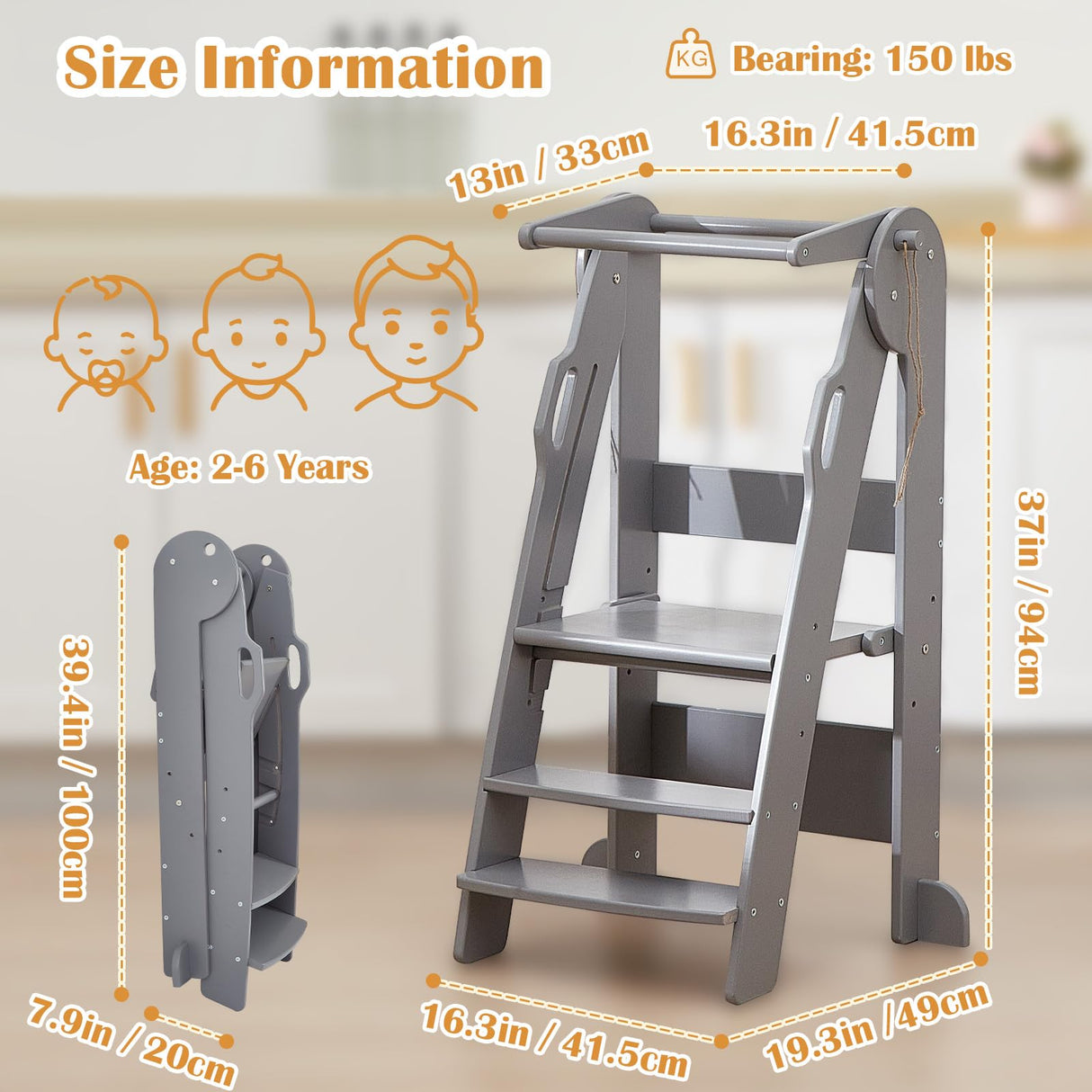 FUNLIO 3-Level Height Adjustable Kitchen Step Stool, Foldable Toddler Tower for Kids 2-6 Years, Montessori Child Standing Tower, CPC & CE, Easy to Assemble, Grey FUNLIO