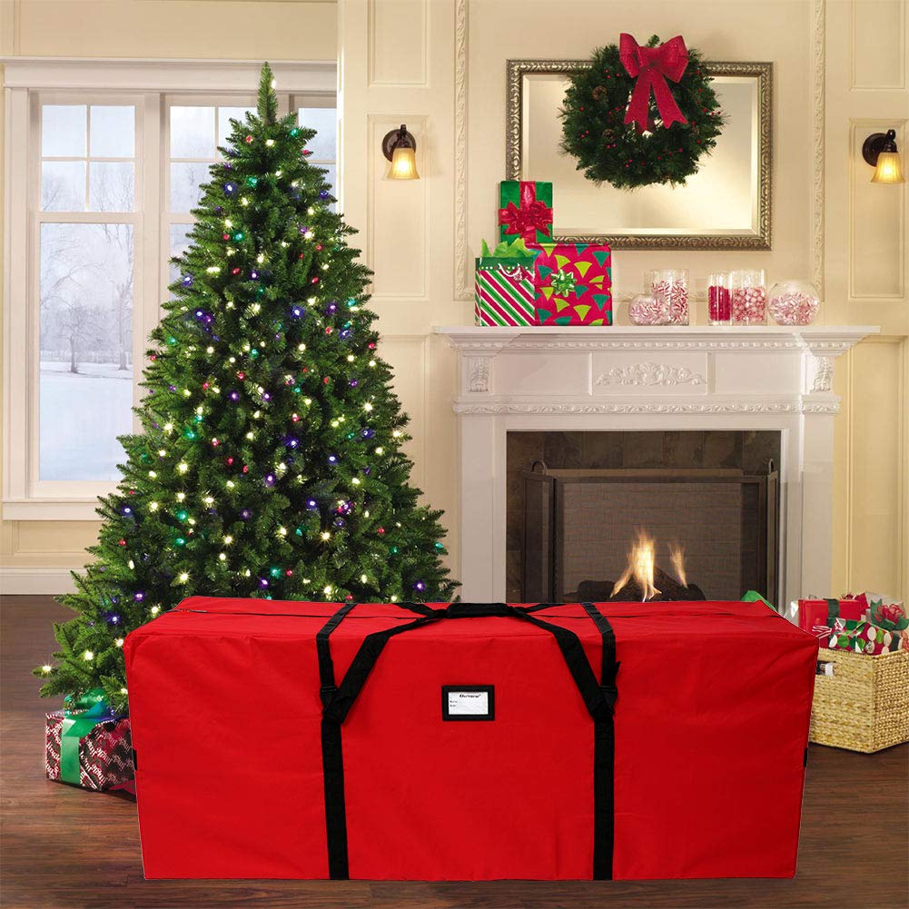 OurWarm Christmas Tree Storage Bag Extra Large Heavy Duty Storage Containers for 8 Ft Artificial Tree 600D Oxford Xmas Holiday Tree Storage Bags with Reinforced Handles Zipper, Red 50" x 15" x 20"