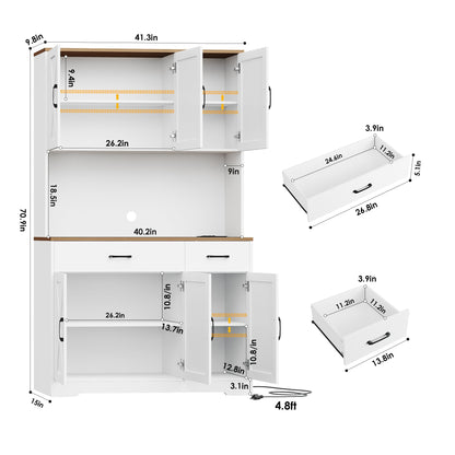 HOSTACK 71" Pantry Cabinet with Charging Station, Tall Kitchen Pantry Storage Cabinet with Microwave Stand, Farmhouse Kitchen Hutch Cabinet with Storage Drawers for Living Room, Dining Room,  - WoodArtSupply