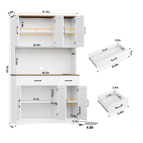 HOSTACK 71" Pantry Cabinet with Charging Station, Tall Kitchen Pantry Storage Cabinet with Microwave Stand, Farmhouse Kitchen Hutch Cabinet with Storage Drawers for Living Room, Dining Room, White HOSTACK