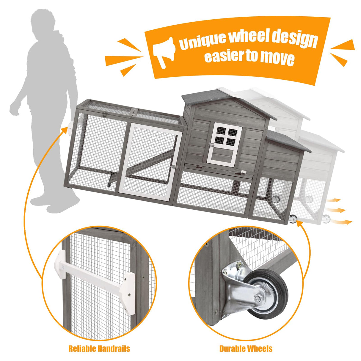 Ketive Wooden 79" Chicken Coop with Wheels Asphalt Roof Nest Boxes Pull-Out Trays - All Solid Wood and Galvanized Wire Mesh Chicken House Against Snakes, Weasels ketive