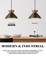 ELYONA Modern Pendant Light Kitchen Island, 10" Solid Wood Hanging Lamp with Matte Black Metal Shade & Gold Inner Finish, Farmhouse Pendant Light Fixtures for Dining Room Bedroom Living Room Hallway ELYONA