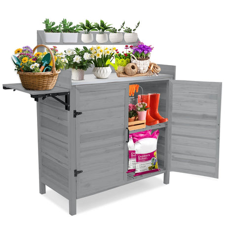 Kalolary Potting Bench for Outside Garden Potting Table with Storage Cabinet Foldable Shelf Multipurpose Garden Workstation Wooden Outdoor Potting Bench for Patio Garden Horticulture(Grey) Kalolary