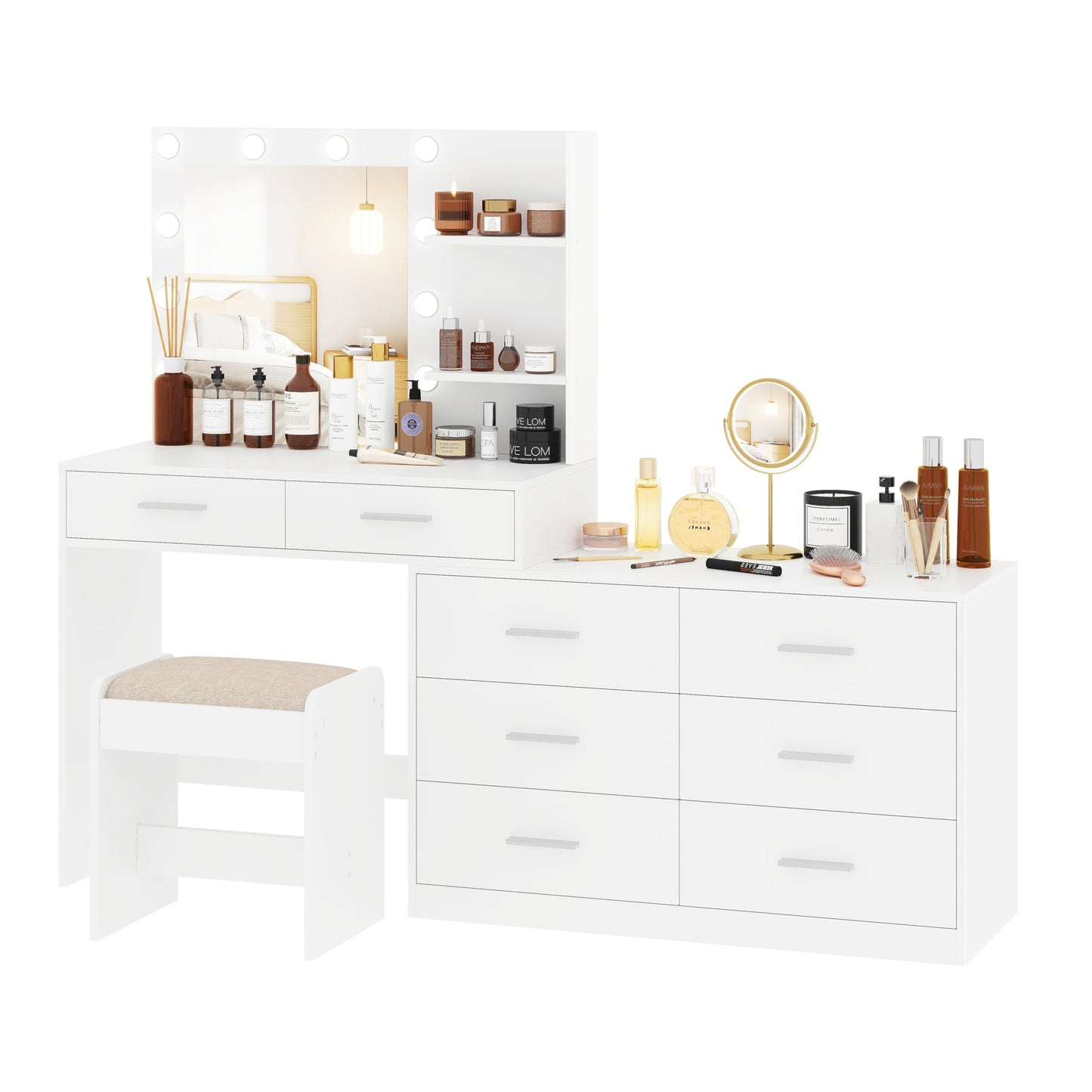 Rovaurx 65" W Makeup Vanity Set with Mirror and 3-Color Lights, Large Vanity Table with 8 Drawers & Side Storage Shelf, Adjustable Width, Bedroom Dressing Table with Stool, for Women, White R - WoodArtSupply