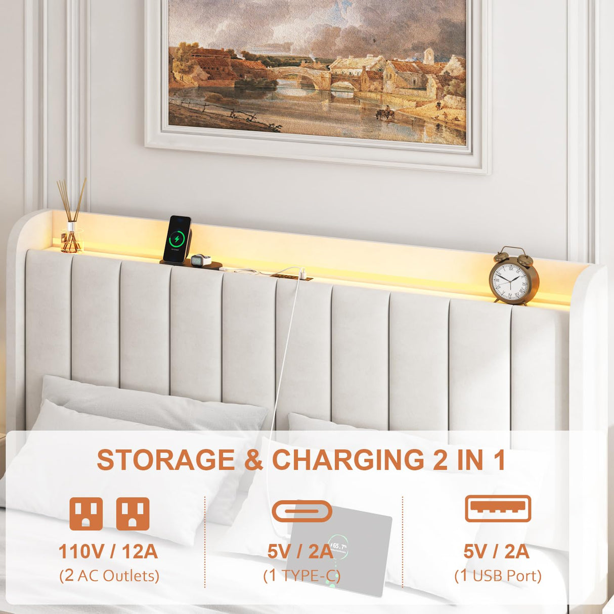 TIGUBFRE Beige Full Size Upholstered Bed Frame with LED Lights, Storage Headboard, and Drawers TIGUBFRE