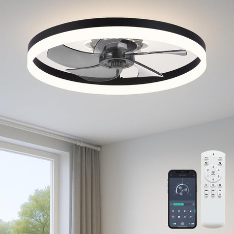 Fszdorj 20'' Ceiling Fan with Light, Upgraded Low Profile Fan, Flush Mount Ceiling Fan, 6 Speeds, Dimmable LED, App & Remote Control, Quiet DC Motor, for Bedroom, Living Room, F115 Black Fszdorj