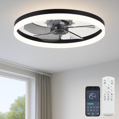 Fszdorj 20'' Ceiling Fan with Light, Upgraded Low Profile Fan, Flush Mount Ceiling Fan, 6 Speeds, Dimmable LED, App & Remote Control, Quiet DC Motor, for Bedroom, Living Room, F115 Black