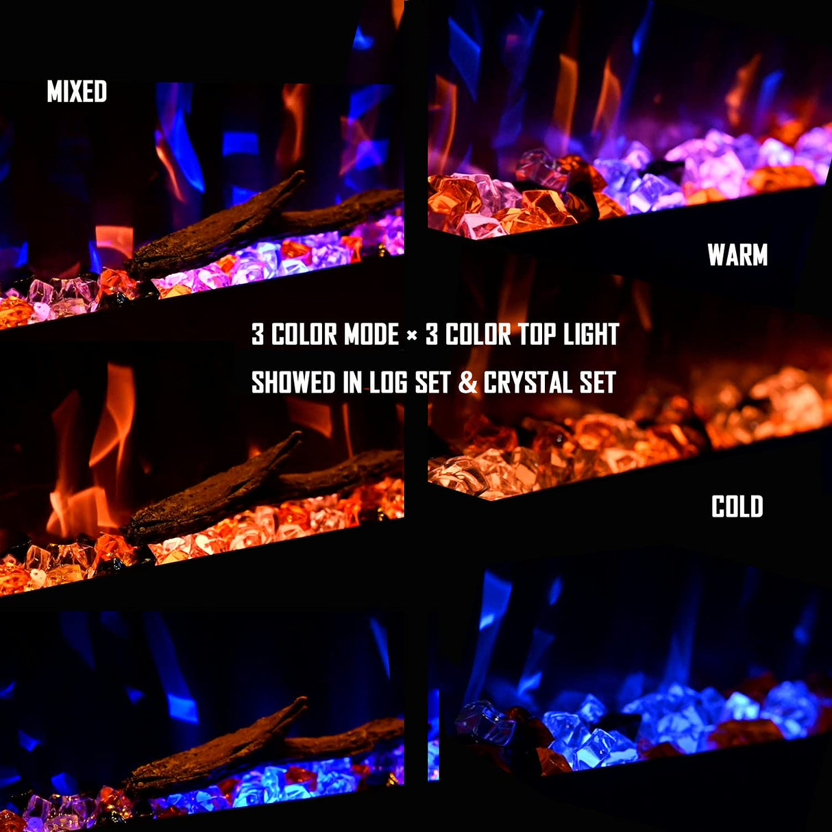 Masarflame Luxurious 60" Electric Fireplace, Wall Mounted&in Wall Recessed Fireplace Heater, Adjustable Flame Color & Top Light, Remote&Touch Control with Timer&Thermostat, Log & Crystal Set Masarflame