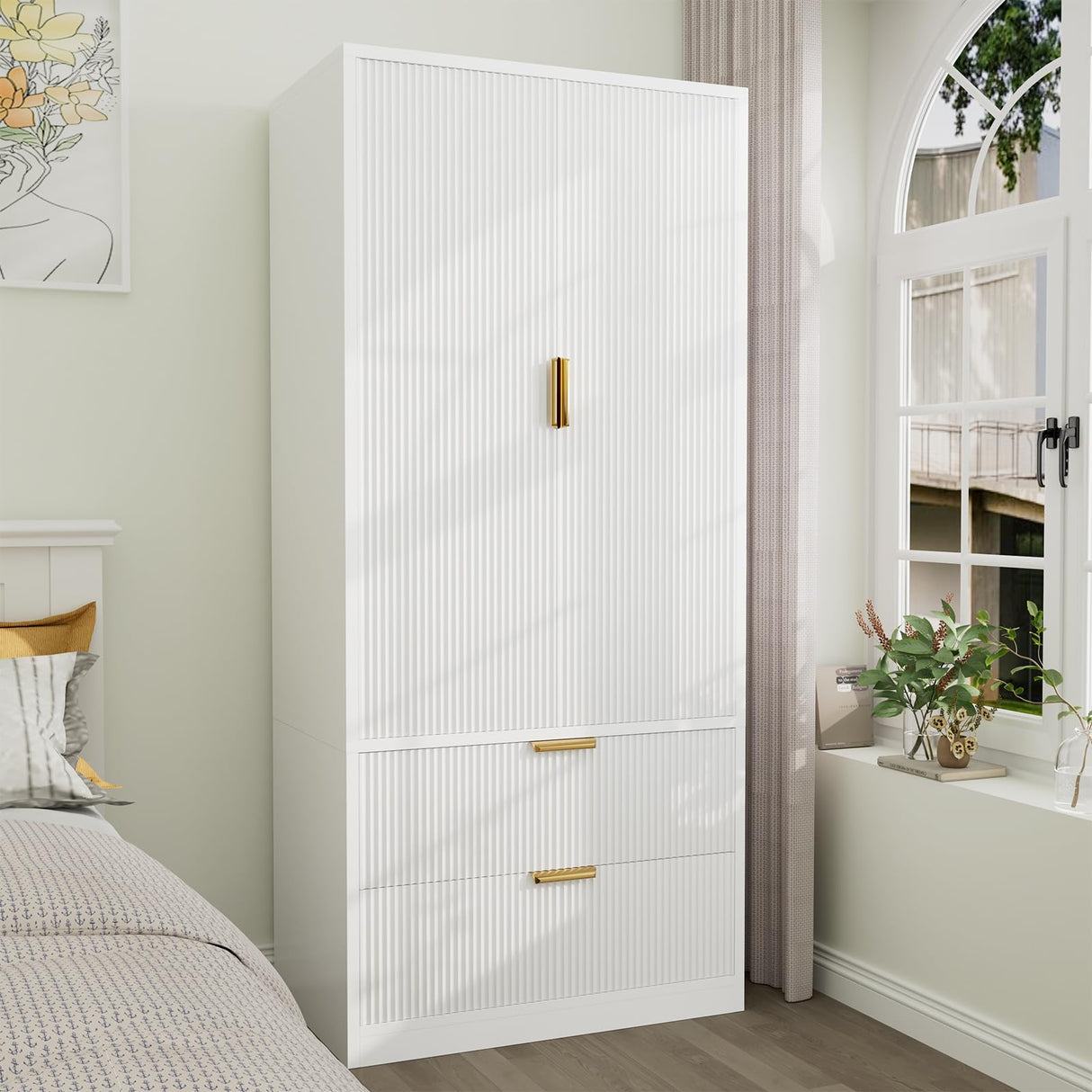 PPorfamilia 70" Wardrobe Closet with 2 Doors and 2 Drawers, Clothing Storage Cabinets with Hanging Rod, Modern Wooden Armoire Wardrobe Closet with Gold Handles for Bedroom Armoires Laundry PPorfamilia