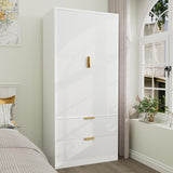 PPorfamilia 70" Wardrobe Closet with 2 Doors and 2 Drawers, Clothing Storage Cabinets with Hanging Rod, Modern Wooden Armoire Wardrobe Closet with Gold Handles for Bedroom Armoires Laundry PPorfamilia