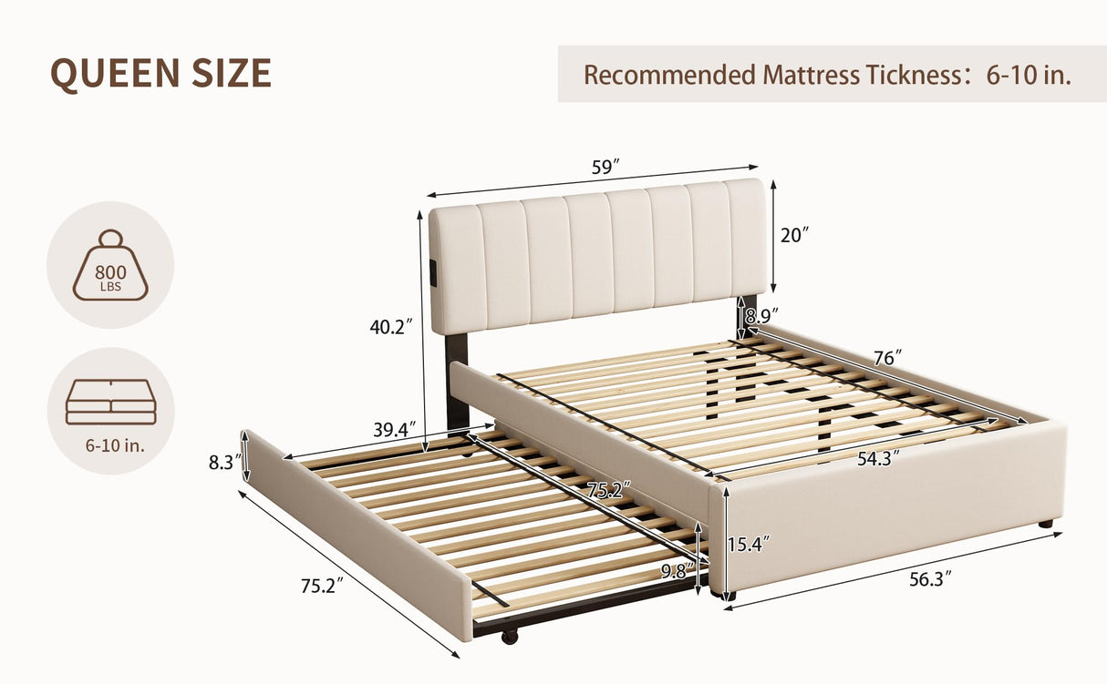 FAVSH Full Size Upholstered Platform Bed with Trundle and 1 Sets of USB, Chenille Fabric Solid Wood Bedframe w/Wood Slats & LED Lights with APP for Bedroom,Beige FAVSH