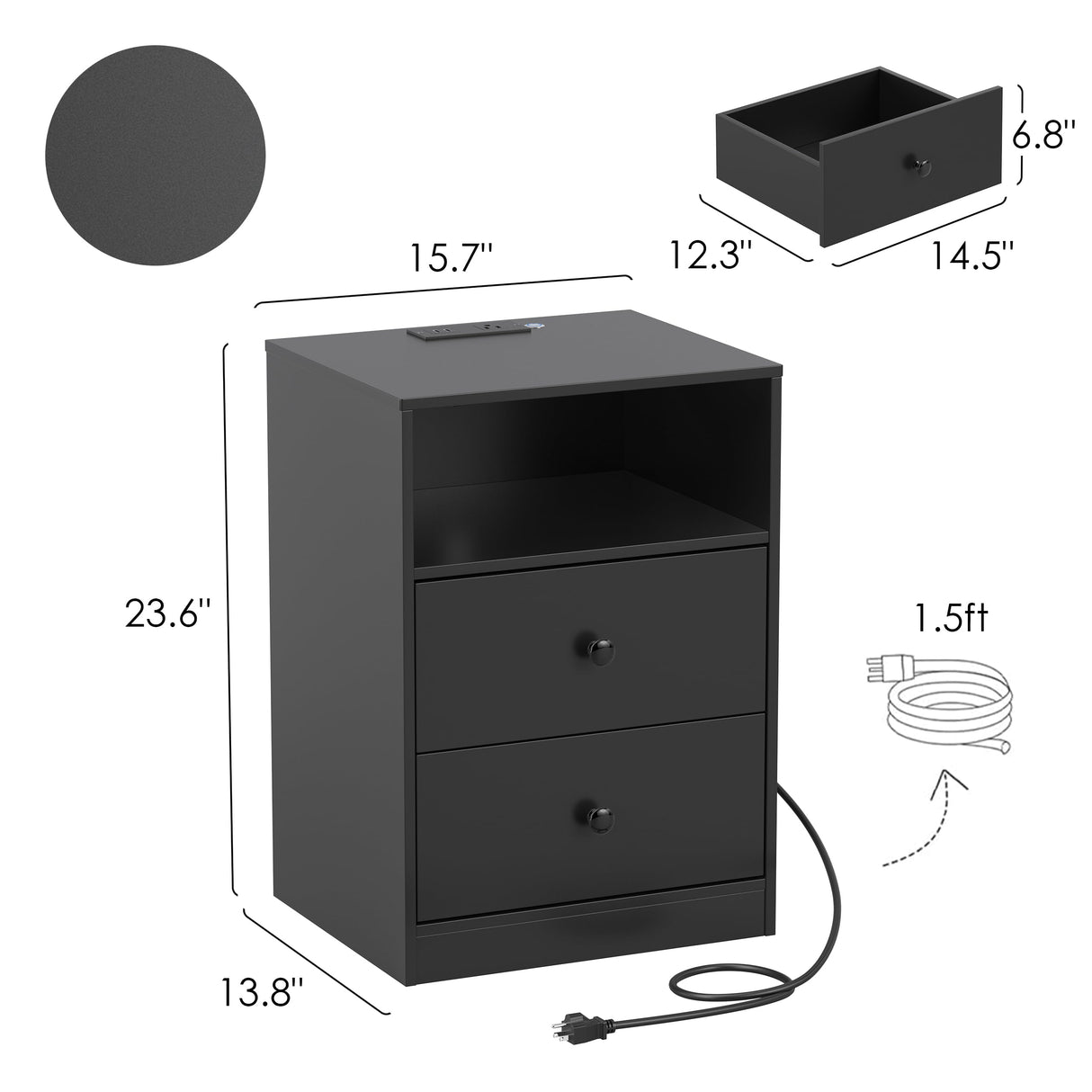 AYEASY Night Stand with Charging Station, LED Wood Black Nightstand Bedside Table with 2 USB Ports & Outlets, Nightstands with 2 Large Drawers, End Side Table Dresser with Storage Shelf for Bedroom. AYEASY
