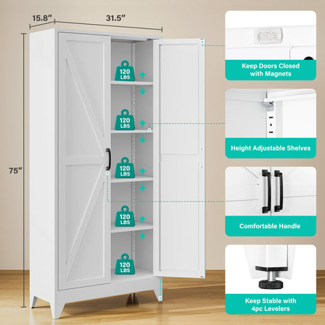 75" Tall Pantry Cabinet,Farmhouse Kitchen Pantry Storage Cabinets with 2 Doors and 4 Shelves,White Metal Storage Cabinet,Large Cupboard for Home,Kitchen,Dining/Living Room SISESOL