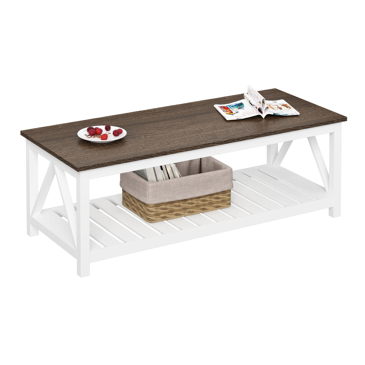 ChooChoo Farmhouse Coffee Table, Rustic Vintage Living Room Table with Shelf, 47 White ChooChoo