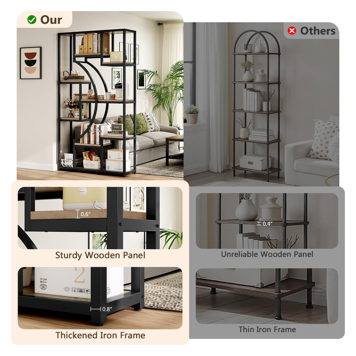 LGHM Industrial 5-Tier Bookshelf with Storage, 70.9 Inch Tall Large Display Bookcase - Modern Metal Standing Shelves for Living Room, Office and Bedroom, Set of 2, Greige LGHM