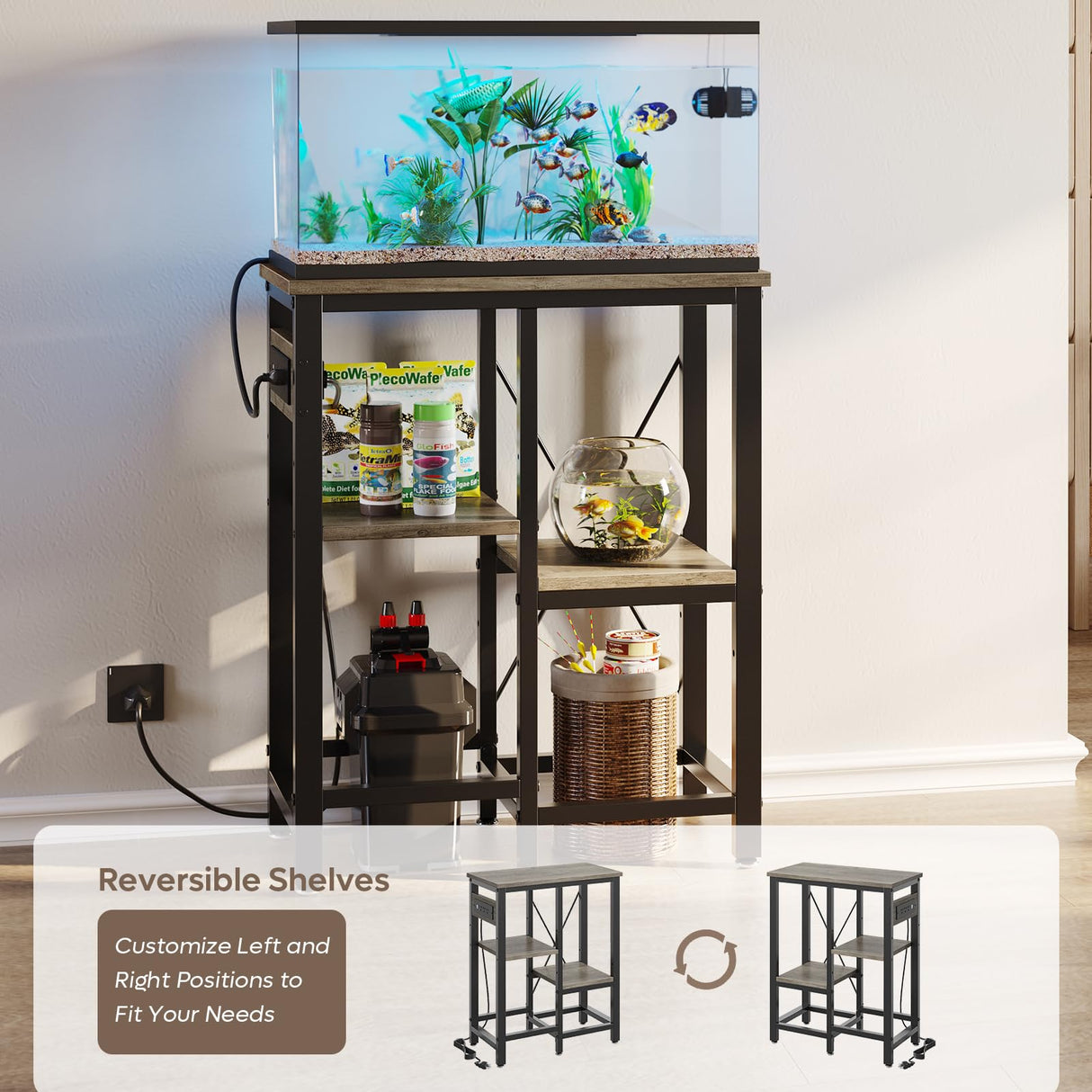 Becuddler 10 Gallon Fish Tank Stand with Charging Station, 20 x10 Metal Aquarium Stand with 3-Tiers Adjustable Storage Shelves, 6-Legs Reptile Terrarium Stand, 264 LBs Becuddler