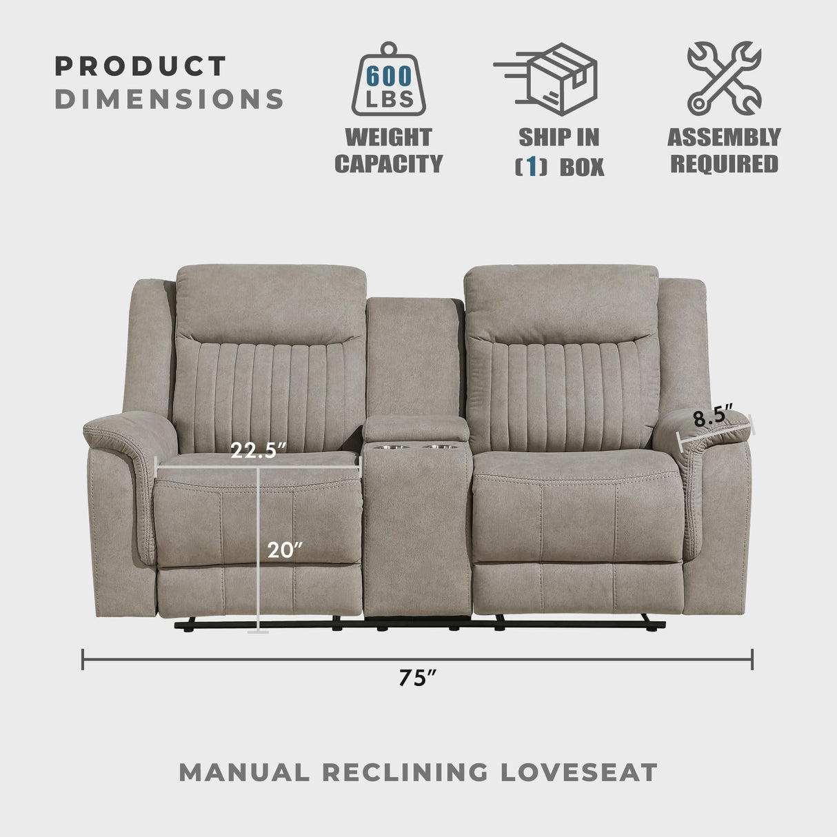 Lexicon Manual Double Reclining Loveseat, Polished Microfiber Manual Wall Hugger Loveseat Recliner for Living Room, Center Storage Console/Cup Holders, Easy Assembly, Dove Lexicon