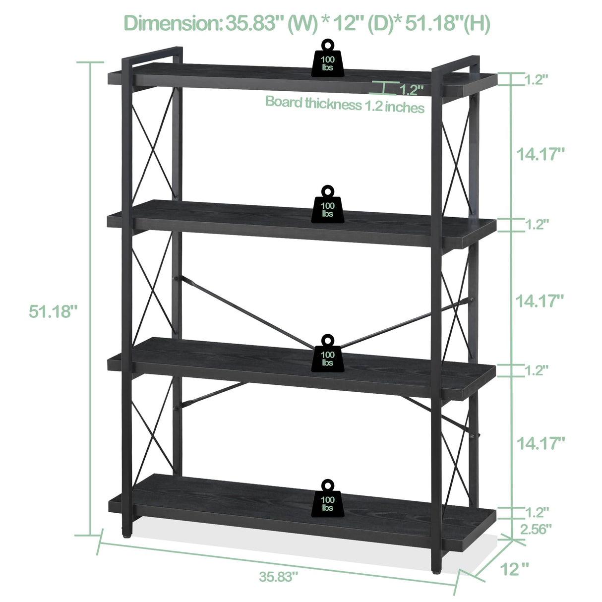 HCHQHS Bookshelf, 4-Tier Industrial Bookcase, Black Open Book Shelf, Freestanding Tall Bookshelves with Metal Frame HCHQHS
