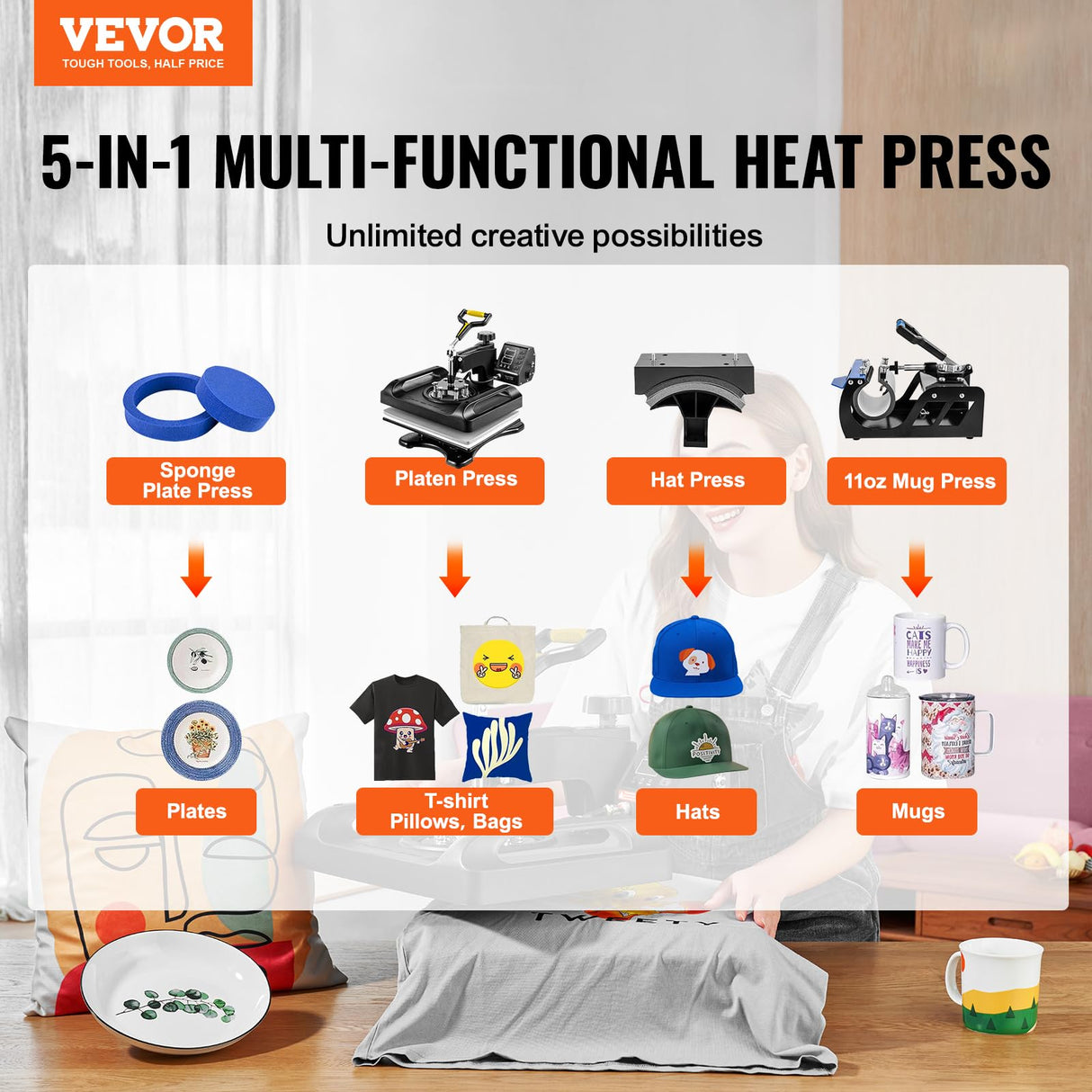 VEVOR Heat Press 12X15 Inch Heat Press Machine 5 in 1 800W Heat Press Machine for T-Shirts Sublimation Printer Transfer with Accurate Large Screen Display Dual-Tube Heating for DIY T-Shirts Cap Mugs VEVOR