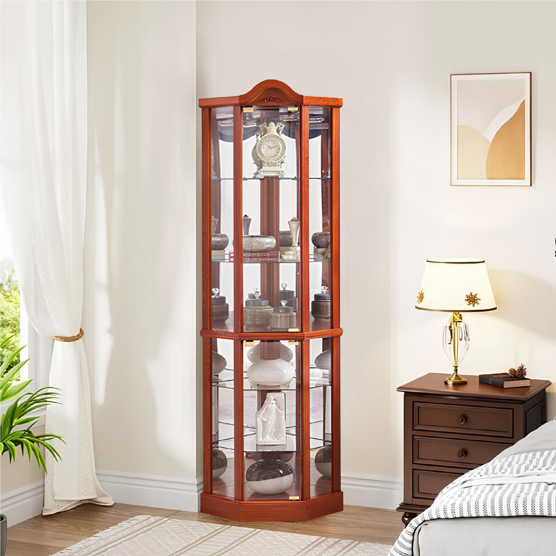 roomfitters Wooden Corner Display Curio Cabinet, Lighted China Cabinet with Tempered Glass Door, Wine Cabinet Storage with Two Section Shelving Unit, Corner Curio Storage Rack for Living Room - WoodArtSupply