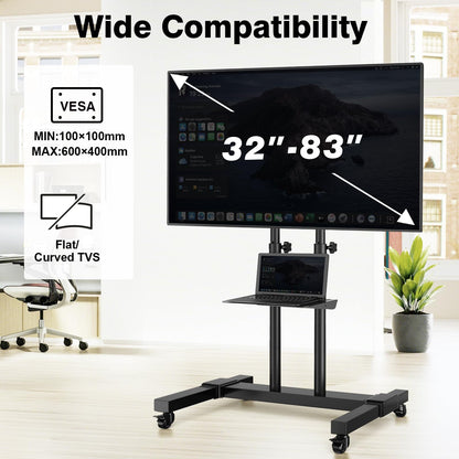 TAVR Furniture Mobile TV Stand Rolling TV Cart Floor Stand with Mount on Lockable Wheels Height Adjustable for 32-83 Inch TV Stand Flat Screen or Curved TVs Monitors Display Trolley Loading 110 lbs