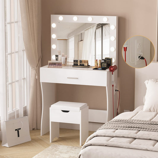 Titoni Vanity Table Set with Lighted Mirror - Makeup Vanity with Charging Station, Large Drawer Sturdy Wood Vanity with Lights, 3 Color Modes, Adjustable Brightness, White - WoodArtSupply