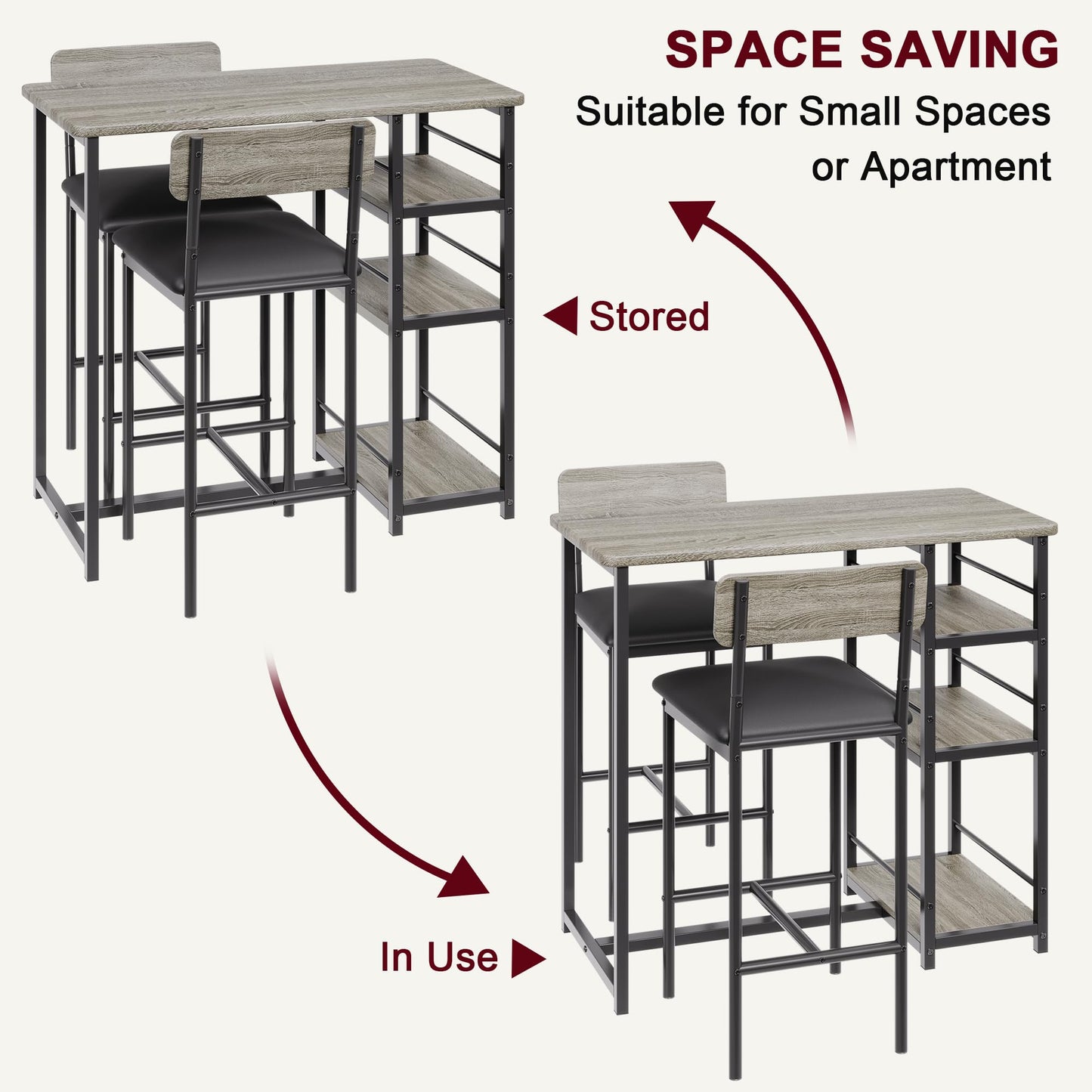 IDEALHOUSE Retro Grey 3-Piece Counter Height Dining Table Set for 2 with Upholstered Bar Stools