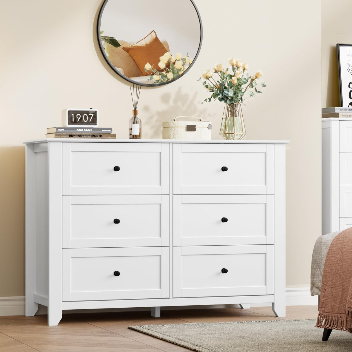 IDEALHOUSE White Dresser for Bedroom, Large 6 Drawer Dresser with Deep Drawers & Metal Knobs, Modern Wooden Double Chests of Drawers for Entryway, Hallway IDEALHOUSE