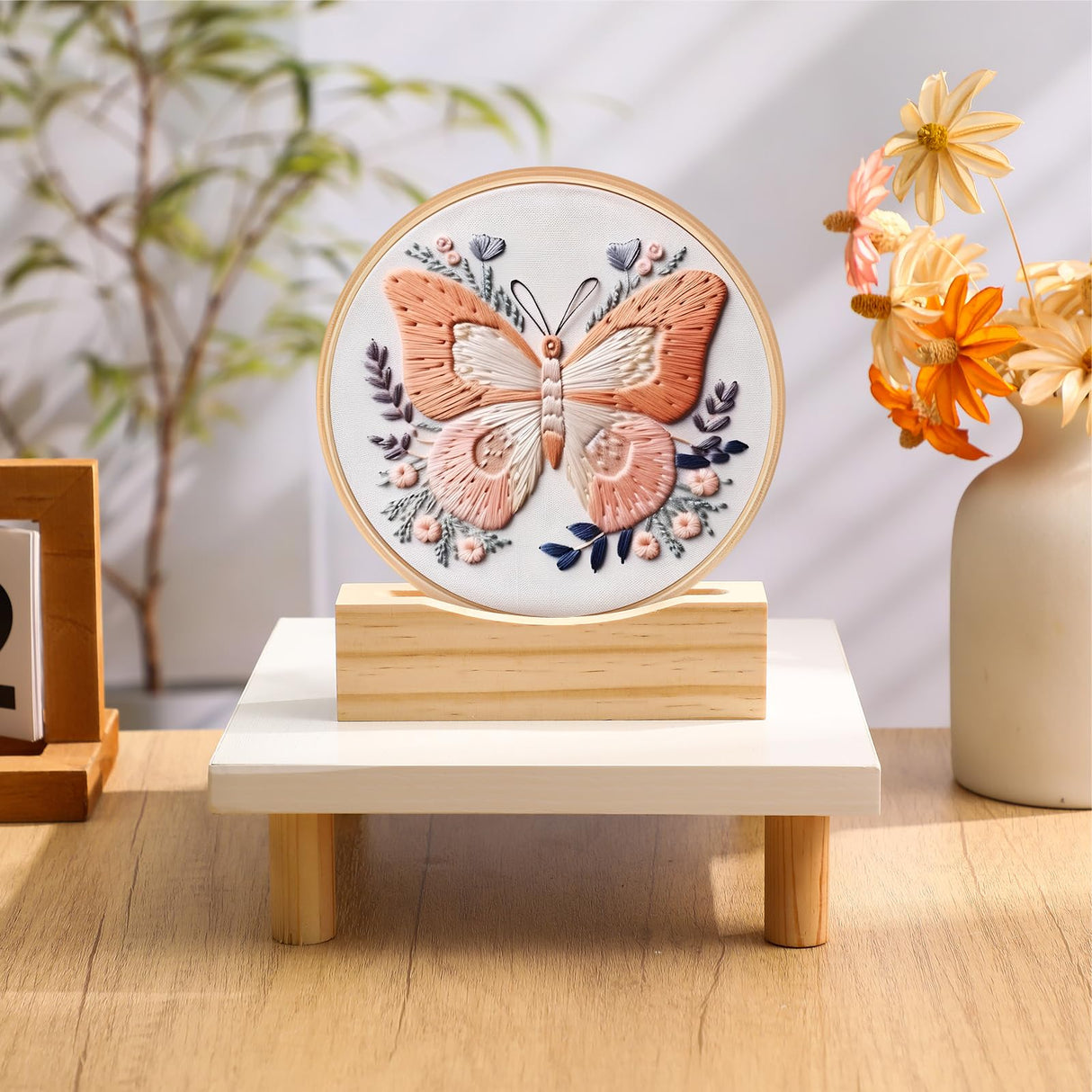 Chunful 6 Pcs Embroidery Hoop Display Stand Wooden Embroidery Frames Holder 2 Tier Groove Cross Stitch Hoop Stand Base Accessories for Display Works Home Exhibition Decor Chunful