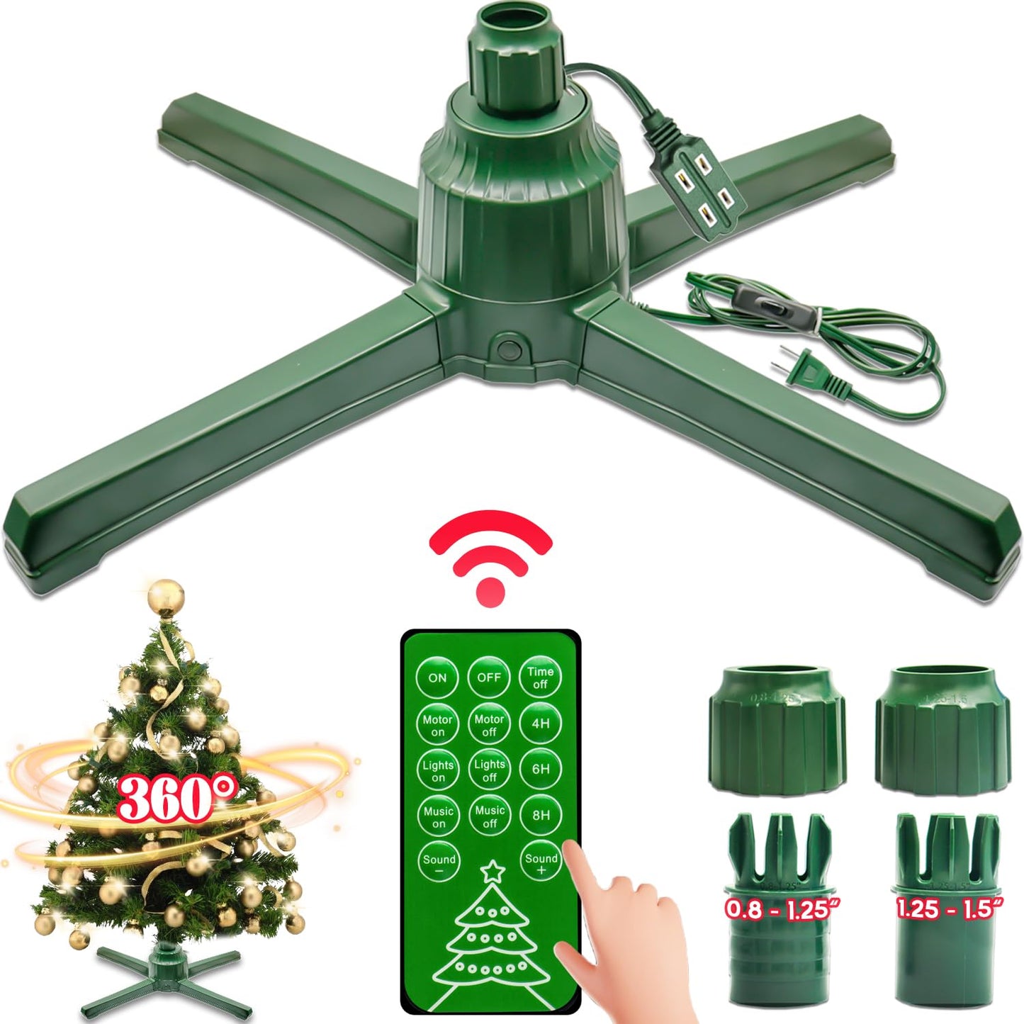 Rotating Christmas Tree Stand with Music- 360 Degree Adjustable Christmas Tree Base for Up to 10 FT Artificial Tree Fake Tree With 3 Built-in Electrical Outlets, Artificial Christmas Tree Stand, Green