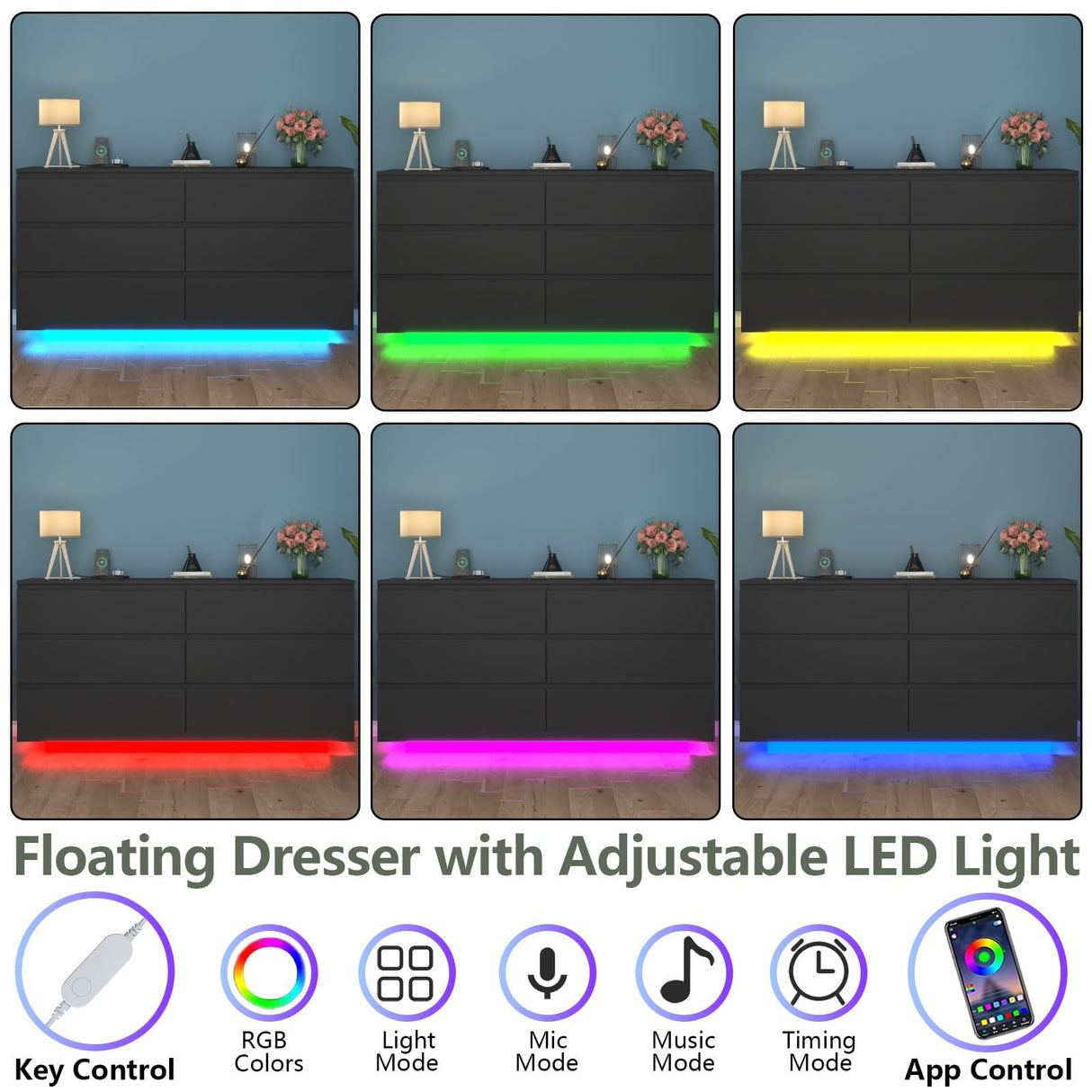 Gyfimoie 6 Drawer Dresser with Power Outlet, Floating White Dresser Chest of Drawer with LED Light,Modern Double Wide Drawer Organizer Cabinet for Bedroom,Living Room (Black) Gyfimoie