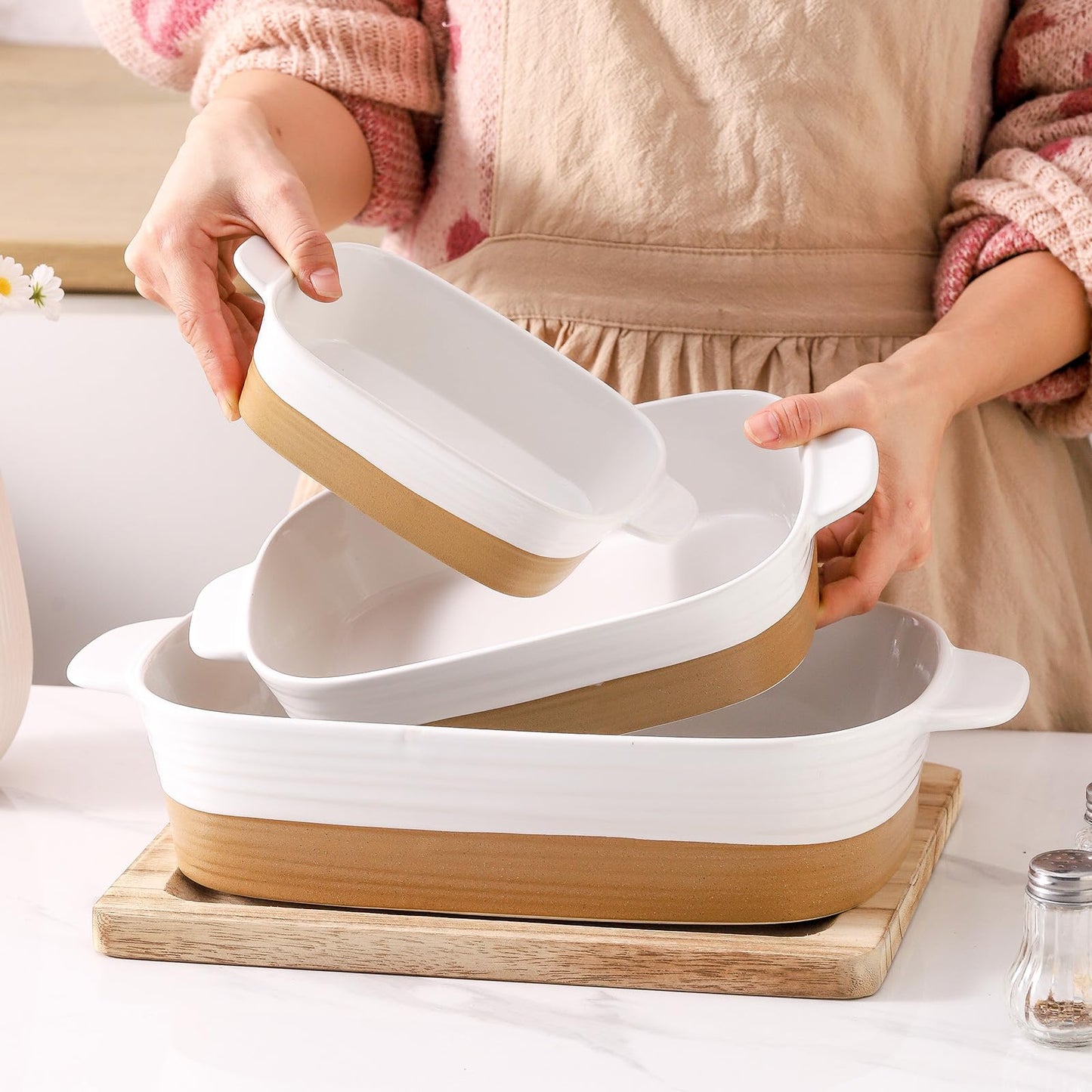 Hasense Casserole Dishes for Oven, Ceramic Baking Dishes with Handles for Casserole, Lasagna and Cooking, Large Stoneware Bakeware Set of 3, Wedding Christmas Gift, White(15.2"/11.3"/8.5")