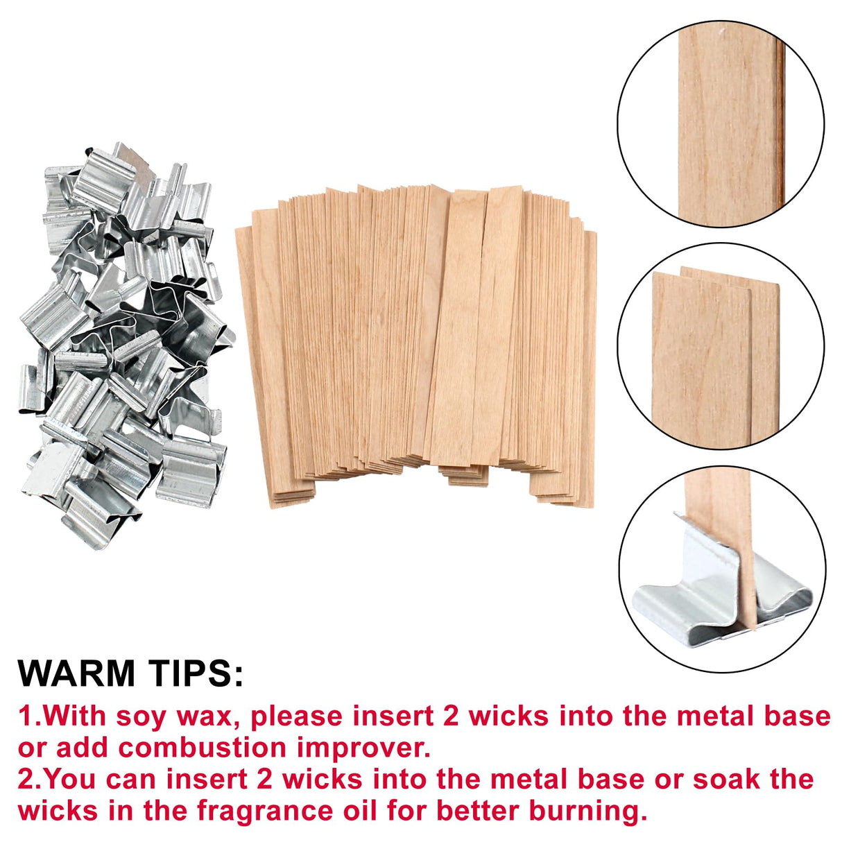 Litoexpe Wooden Candle Wicks 100 Pcs, 5.1 X 0.5 Inch Wood Wicks for Candle Making, Naturally Smokeless Wooden Candle Wicks Candle Coreswith Wick Clips Holders with Metal Base 50 Sets Litoexpe