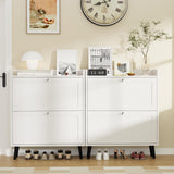 VOWNER Shoe Storage Cabinet with 2 Flip Drawers, Shoe Cabinet with Open Storage & Crystal Handle, Narrow Shoe Rack Organizer for Entryway, Hallway, White VOWNER