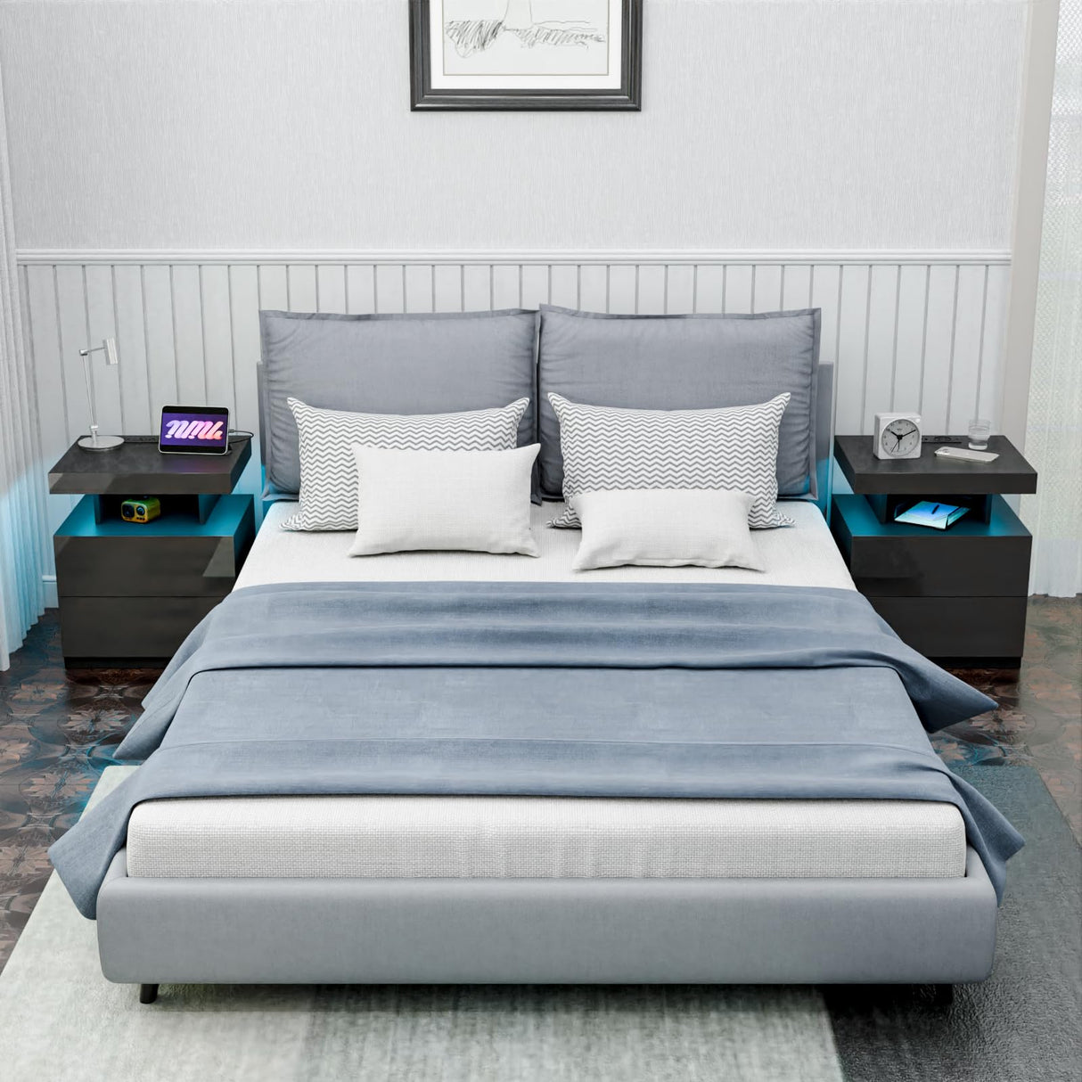 HOMMPA LED Nightstand with Wireless Charging Station & USB Ports High Gloss Bedside Table with LED Light RGB Adjustable Brightness Smart Nightstand 2 Drawers Night Stand for Bedroom Black HOMMPA