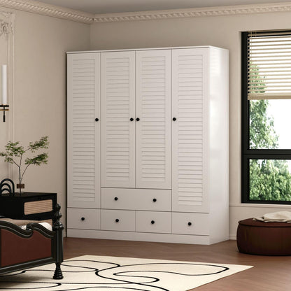 MOUMON 4 Shutter Door Wardrobe Armoire Closet with Shelves and Drawers, Armoire Wardrobe Closet with 2 Hanging Rods, for Bedroom White (59”W x 19”D x 70.9”H) - WoodArtSupply