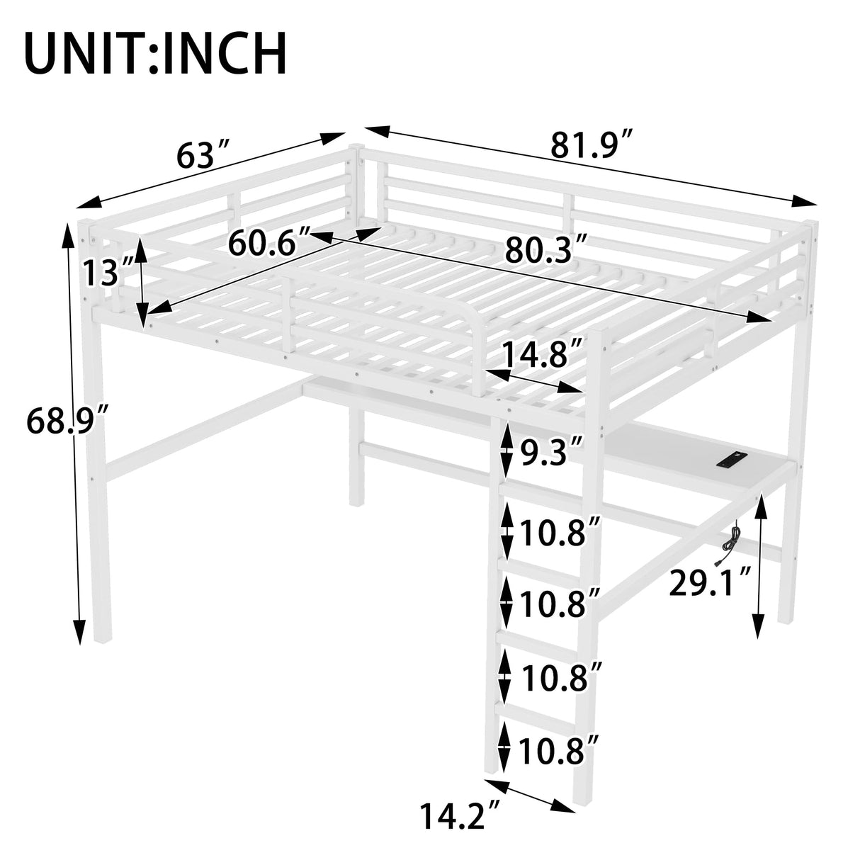 Harper & Bright Designs Queen Loft Bed with Desk, Metal Loft Bed with LED Lighted and Power Outlet, Queen Size Loft Beds with Desk for Teens, Adults, Kids, Noise Reduced Structure,White Harper & Bright Designs
