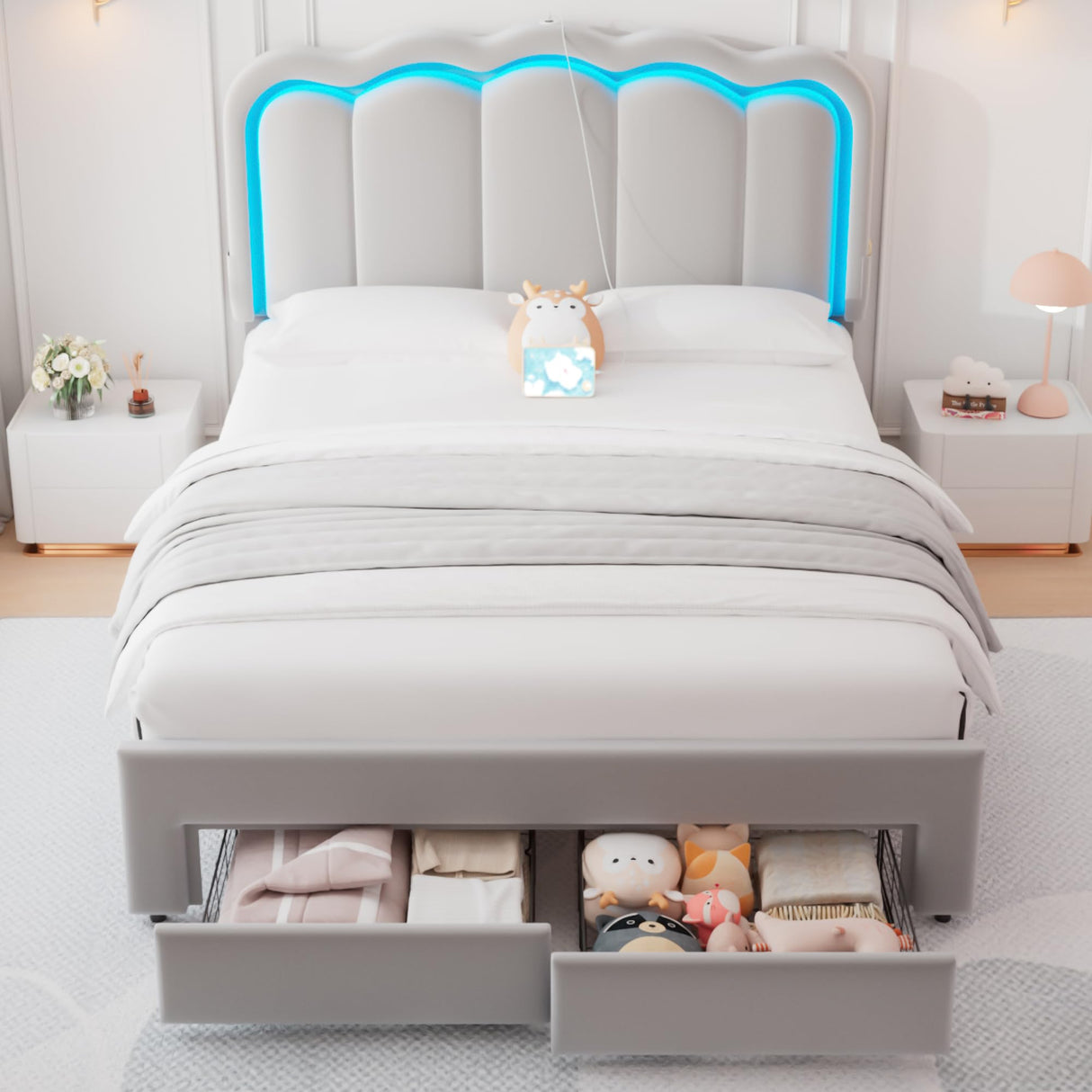 Full Upholstered LED Bed Frame with 2 Storage Drawers and Adjustable Chic Double Wavy Headboard, Velvet Prince Platform Bed with Charing Station, Solid Wood Slats Support,No Box Spring Needed,Grey Jocoevol