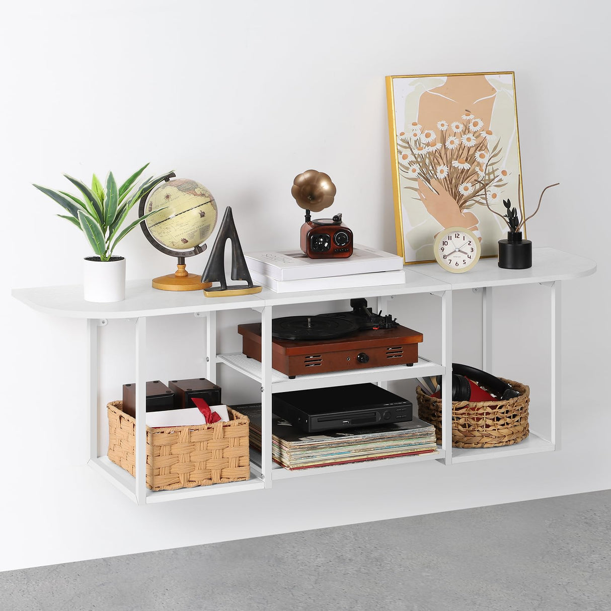 BTY Floating TV Stand for 50" TV Wall Mounted Entertainment Center with 3 Tier Open Storage Shelf, Wooden Media Console for Living Room, Bedroom, Under TV Shelf, White BTY