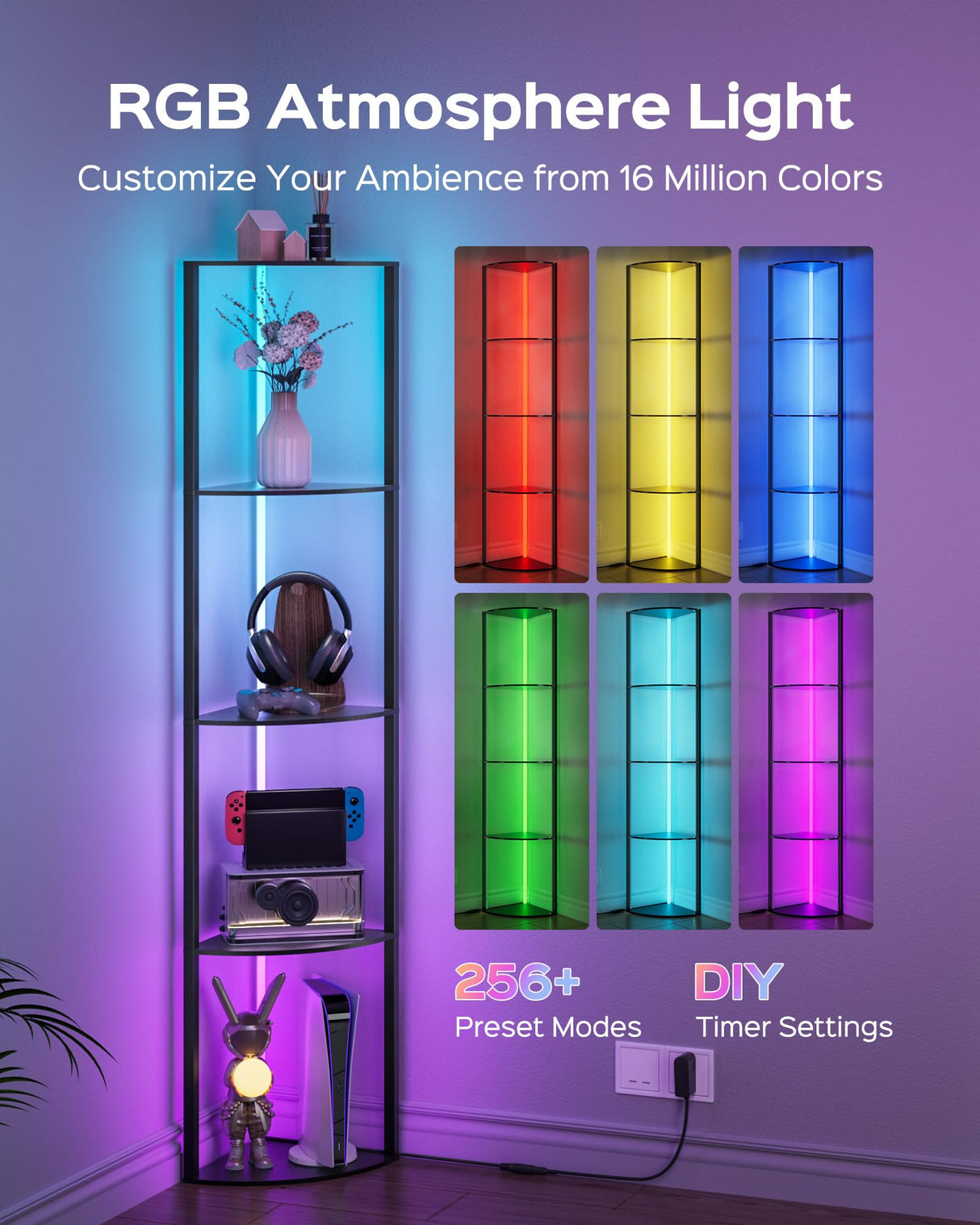 JACKYLED 5-Tier Corner Display Shelves, RGB Led Floor Lamp Corner Storage for Books Perfume Shelf with Light, Remote and App Control Music Sync Scheduled On/Off Tall Curio Cabinet JACKYLED