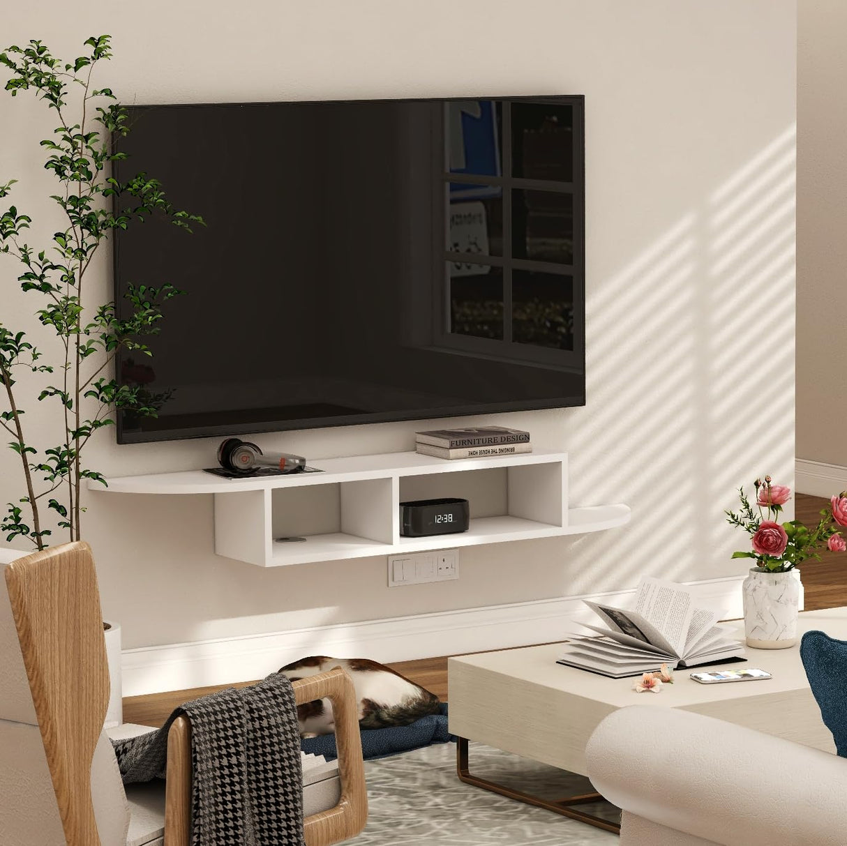 GHC Floating TV Stand, Wall Mounted Entertainment Center and Cabinet Shelf, TV Console with Storage, Media Console for DVD Player, Space-Saving Under TV Shelf for Bedroom, Living Room (White) GHC