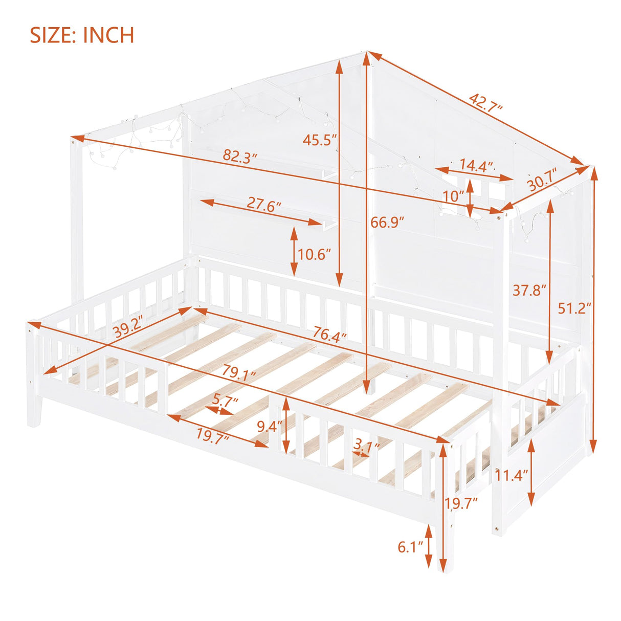 SOFTSEA Twin Size Low Loft House Bed with Shelves and Sparkling Light Stripe SOFTSEA
