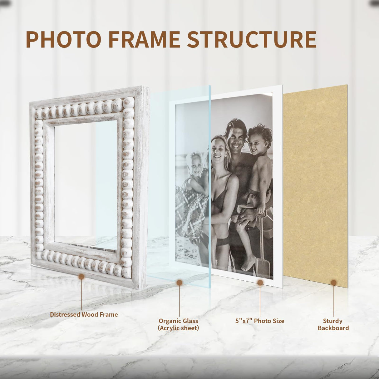 MACVAD Whitewashed Wood Beaded 5x7 Picture Frame - Farmhouse Style Rustic Photo Frame, Boho Picture Frame as 5 x 7 Photo Frame for Tabletop Display 5x7 Photo MACVAD