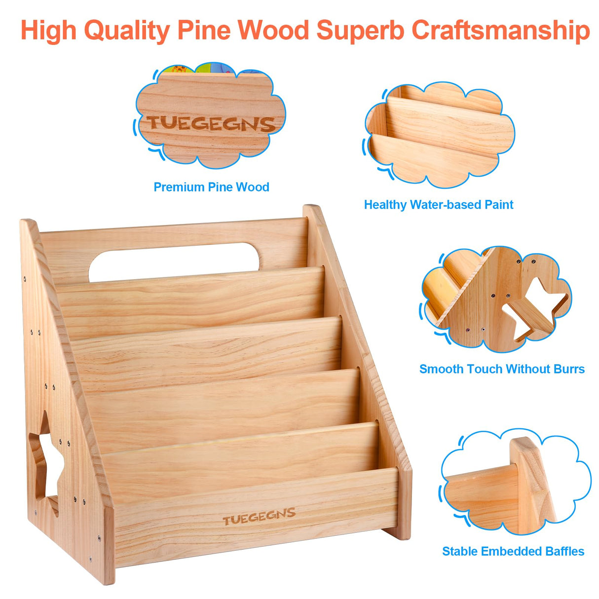 TUEGEGNS Montessori Bookshelf,Toddler Bookshelf for Kids,Organize Your Little One's Reading Adventure with Our Kids Bookshelf - Perfect for Kids!(Wood), Large TUEGEGNS