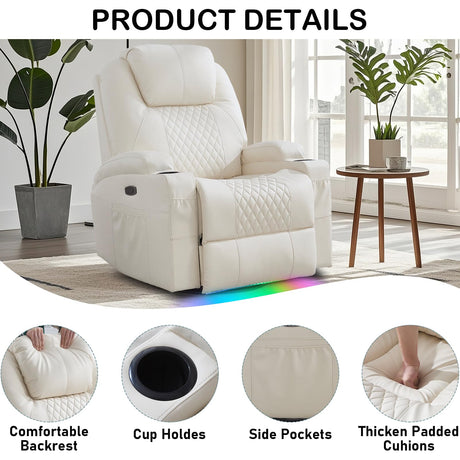 DUNELLA Power Swivel Rocker Recliner Chair for Adults with Heat and Massage, LED Lights, USB and Type-C Ports, Electric Glider Recliner Nursery Chair for Living Room(Beige, Single Sofa) DUNELLA