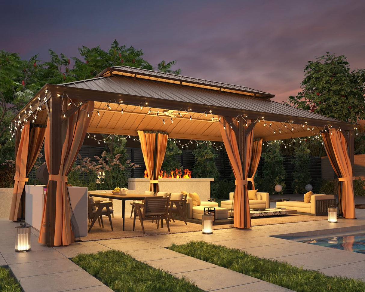 MELLCOM 12' x 22' Hardtop Gazebo,Galvanized Steel Metal Double Roof Aluminum Gazebo with Curtain and Netting,Brown Permanent Pavilion Gazebo with Aluminum Frame for Patios,Gardens,Lawns MELLCOM
