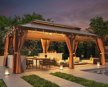 MELLCOM 12' x 22' Hardtop Gazebo,Galvanized Steel Metal Double Roof Aluminum Gazebo with Curtain and Netting,Brown Permanent Pavilion Gazebo with Aluminum Frame for Patios,Gardens,Lawns MELLCOM