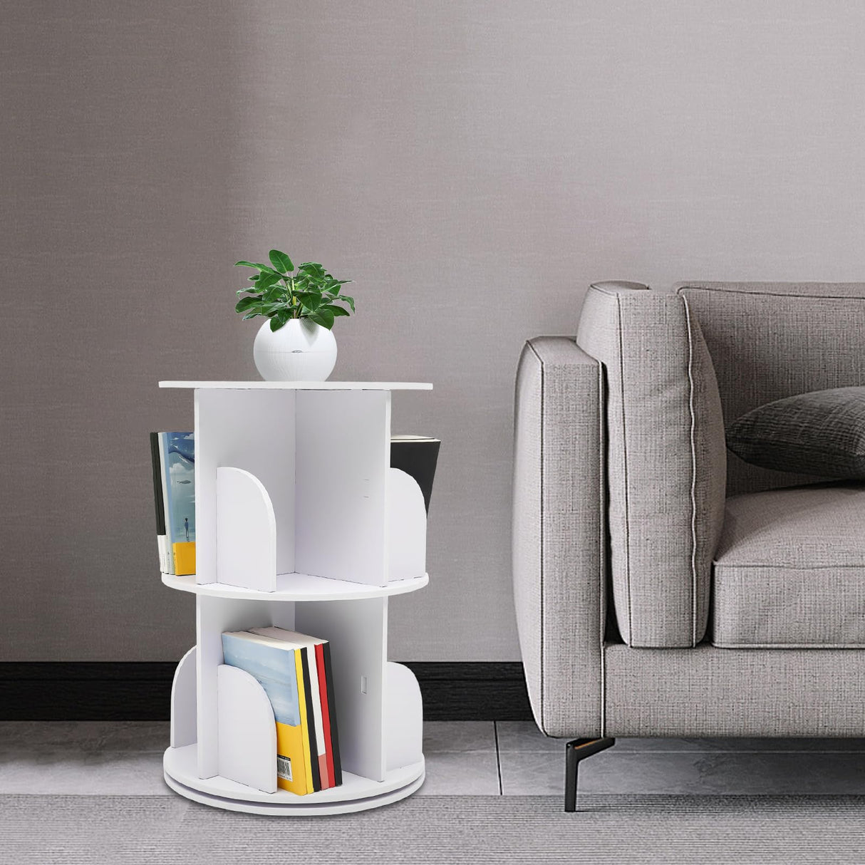 KONGKUNI 2-Tier Rotating Bookshelf Tower - Modern White 360-Degree Spinning Bookcase for Small Spaces KONGKUNI